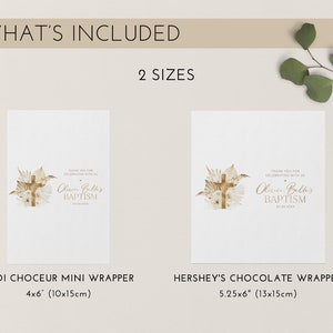 May include: White baptism favor wrappers with a gold cross and floral design. The text reads "Olivia Bell's Baptism" and "Thank you for celebrating with us." Includes two sizes: 4x6 inches and 5.25x6 inches.