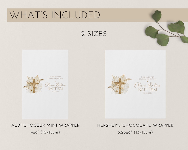 May include: White baptism favor wrappers with a gold cross and floral design. The text reads "Olivia Bell's Baptism" and "Thank you for celebrating with us." Includes two sizes: 4x6 inches and 5.25x6 inches.