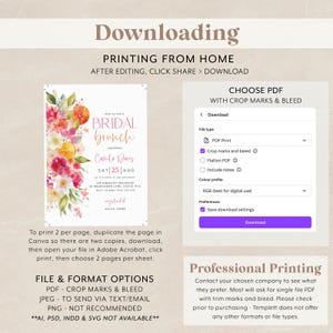 May include: Digital invitation for a bridal brunch with floral and fruit illustrations in pink, orange, and white. The invitation includes event details and instructions for downloading and printing the file.