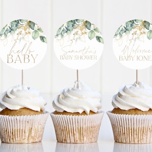 Cupcake Toppers, Baby Shower Cupcake Toppers, Printable Greenery Baby Shower Cupcake Topper, Editable Cupcake, Greenery Cupcake Toppers Baby