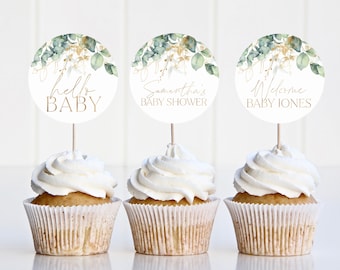 Cupcake Toppers, Baby Shower Cupcake Toppers, Printable Greenery Baby Shower Cupcake Topper, Editable Cupcake, Greenery Cupcake Toppers Baby