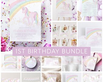 May include: A unicorn-themed first birthday party printable bundle with a rainbow and gold glitter design. The bundle includes invitations, thank you tags, food labels, cupcake toppers, a banner, and photo booth props.