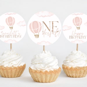 ONEderful Cupcake Toppers, Cupcake Topper imprimible, Globo aerostático rosa, 1er cumpleaños Editable Cupcake Toppers, Onederful Primer cumpleaños