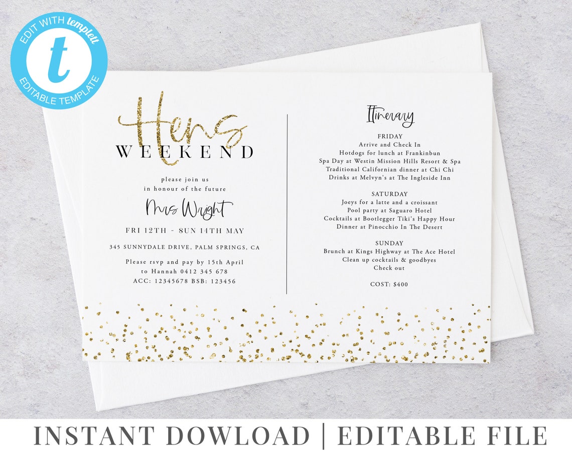 Hens Weekend Invitation Editable Hens Invitation and Etsy