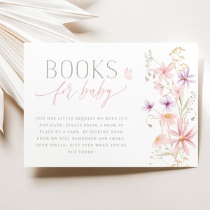 Wildflower Books For Baby Card Printable, Book Request Card, Baby in Bloom Baby Shower Books, Purple Flowers, Pink Floral Books For Baby