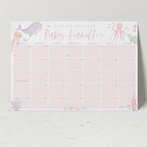 Under the Sea Baby Due Date Calendar Girl Pink, Guess the Due Date, Birth Date Sign, Baby Arrival Sign Printable, Birthday Guessing Game