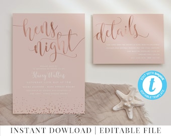 Printable Hens Party Invitations, Rose Gold Hens Night Invitation Template, Pink Hens Invitation, Rose Gold Blush Invite, Editable invite