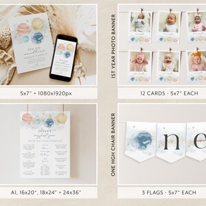 Op de afbeelding: Een set met printbare feestversiering voor een eerste verjaardag met een hemels thema. De set bevat een mijlpaalbord, een uitnodiging, een fotobanner en een hoge stoelbanner. De ontwerpen bevatten aquarelplaneten, sterren en gouden glitter.