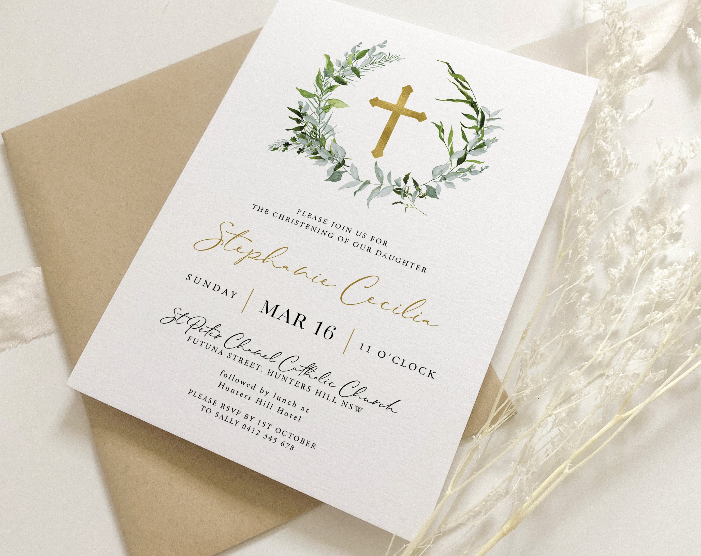 Greenery Christening Invitation Baptism Invitation Template Etsy