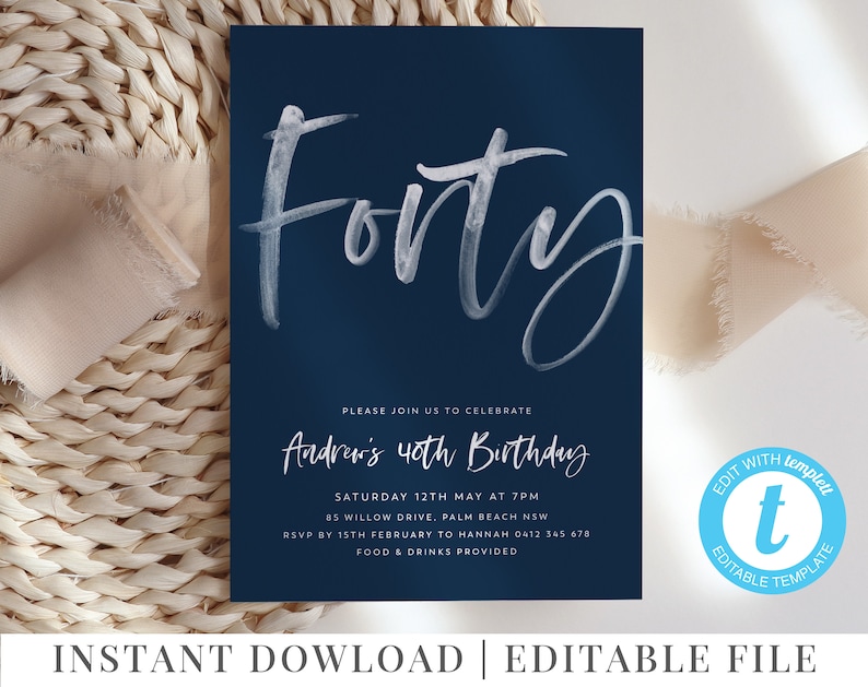 40th Birthday Invitation, Mens 40th Invitation Template, Navy Blue, Editable Template, 40, Forty, 40th Birthday Invite, Navy and White image 1