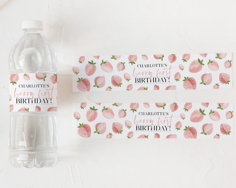 Berry Water Bottle Labels, Strawberry Water Labels, Printable Water Bottle Label, Berry First Birthday Water Labels, Girls 1st Birthday 画像 2