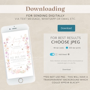 K&ouml;nnte beinhalten: Ein digitaler Download f&uuml;r eine Einladung zum ersten Geburtstag. Die Einladung zeigt einen Aquarell-Blumenkranz mit dem Text "Our little Honey is turning 1" und "Penelope's 1st Bee-Day". Die Einladung wird auf einem Smartphone-Bildschirm angezeigt.