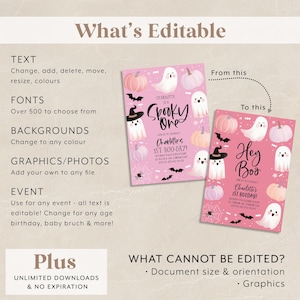 May include: Editable Halloween party invitation template with a pink background and a ghost with a witch's hat. The text says "Charlotte is a Spooky One" and "Charlotte's 1st Boo-Day!"