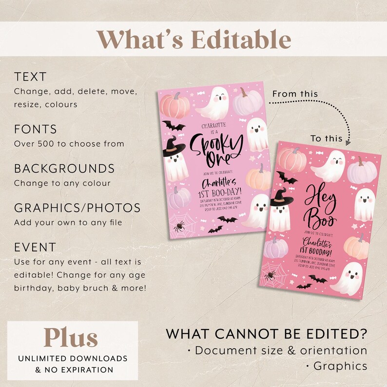 May include: Editable Halloween party invitation template with a pink background and a ghost with a witch's hat. The text says "Charlotte is a Spooky One" and "Charlotte's 1st Boo-Day!"