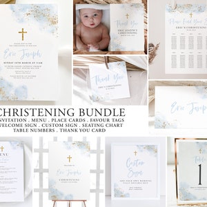 Christening Invitation Bundle, Baptism Invitation, Blue and Gold Christening, Editable Bundle, Boys Baptism Invitation, Boys Christening