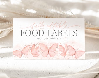 Peut inclure: Une carte rectangulaire avec les mots "fully editable FOOD LABELS" dans un mélange de lettres cursives et en majuscules. En dessous, cinq papillons roses à l'aquarelle. Les mots "ADD YOUR OWN TEXT" sont en dessous.