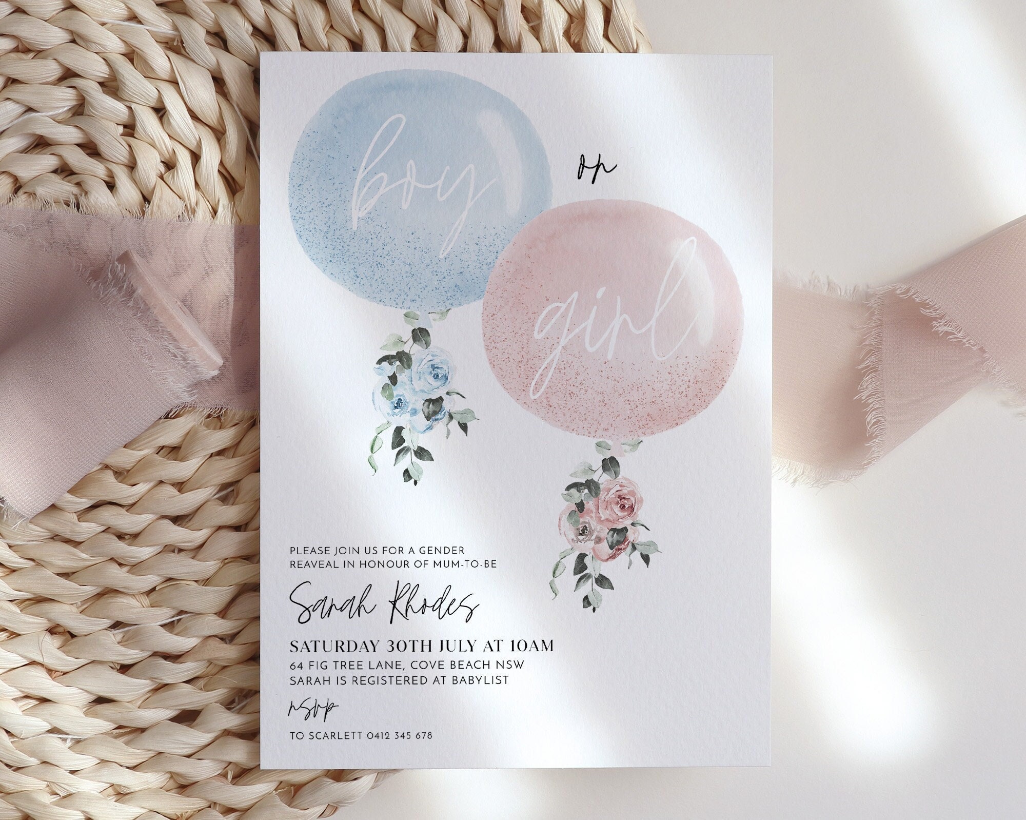 Gender Reveal Einladungsvorlage, Junge oder Mädchen Rosa Blaue Ballons Floral Gender Reveal Einladen, Florale Ballons Babypartyeinladung Pink