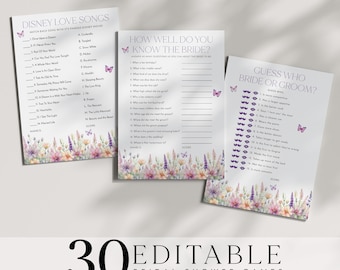 Butterfly Bridal Shower Games, Lifetime of Butterflies Bridal Shower Editable Games, He Gives Me Butterflies Games Pack Printable Purple