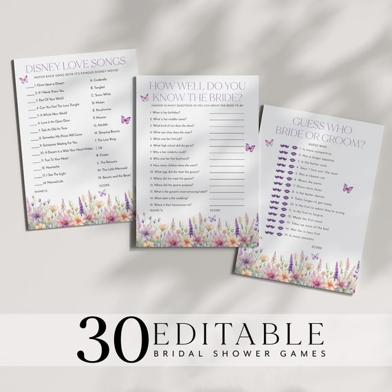 Butterfly Bridal Shower Games, Lifetime of Butterflies Bridal Shower Editable Games, He Gives Me Butterflies Games Pack Printable Purple