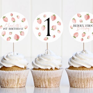 Berry Cupcake Toppers, Printable Cupcake Topper, Strawberry Cupcake Topper, 1st Birthday Editable Cupcake Toppers, Berry First Birthday Girl image 2