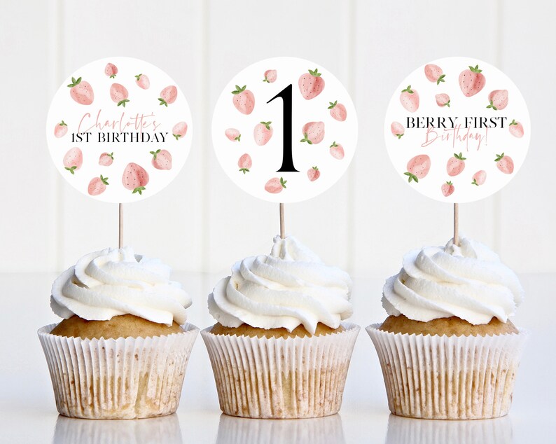 Berry Cupcake Toppers, Printable Cupcake Topper, Strawberry Cupcake Topper, 1st Birthday Editable Cupcake Toppers, Berry First Birthday Girl image 2