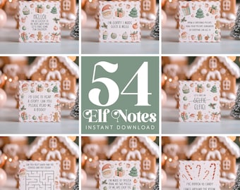 May include: A set of 54 printable Elf Notes for Christmas. The notes feature a variety of festive designs and messages, including a gingerbread house, a Christmas tree, and a Santa Claus. The notes are perfect for adding a touch of fun and magic to your holiday celebrations.