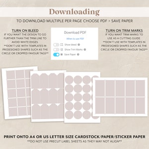 May include: A digital download guide for printable stickers, tags, and labels. The guide includes instructions for turning on bleed and trim marks, and choosing the correct paper size. The image shows a variety of shapes and sizes of stickers, tags, and labels.