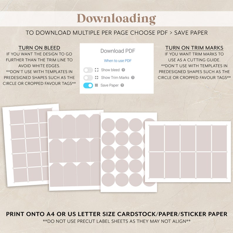 May include: A digital download guide for printable stickers, tags, and labels. The guide includes instructions for turning on bleed and trim marks, and choosing the correct paper size. The image shows a variety of shapes and sizes of stickers, tags, and labels.