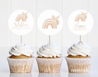 Rainbow 1st Birthday Cupcake Toppers: Editable Template (Digital Download)