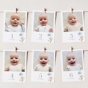 First Year Photos, Beary First Birthday Milestone Photos, Baby&#39;s First Year Month Photos, Monthly Photo Banner, Blue Bear Birthday Photos