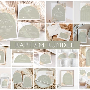 Sage Green Baptism Invitation Bundle, Christening Invitation Bundle, Sage Boho Christening, Editable Bundle, Boys Baptism Decorations Sage