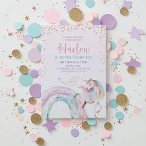 May include: A pastel-colored birthday invitation featuring a unicorn, rainbow, and the text "Harlow is turning 3 years old." The invitation is surrounded by confetti in gold, pink, purple, and teal colors. The invitation includes the date, time, and location.