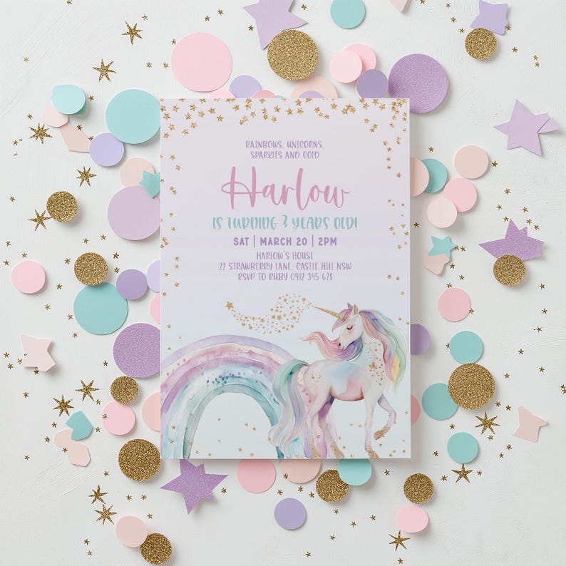 May include: A pastel-colored birthday invitation featuring a unicorn, rainbow, and the text "Harlow is turning 3 years old." The invitation is surrounded by confetti in gold, pink, purple, and teal colors. The invitation includes the date, time, and location.
