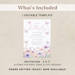 May include: A pink and purple butterfly baby shower invitation with a watercolor floral design. The invitation reads "a little butterfly is on the way!" and includes the name Selena Davies, the date Saturday, August 25th, the time 3:00 PM, the address 22 Wildflower Lane, Castle Hill, and the RSVP information.