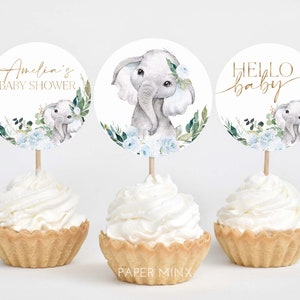 Elephant Cupcake Toppers, Boy Baby Shower Cupcake Toppers, Printable Blue Floral Baby Shower Cupcake Topper, Editable Cupcake Toppers Baby image 1