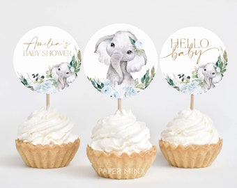 Elephant Cupcake Toppers, Boy Baby Shower Cupcake Toppers, Printable Blue Floral Baby Shower Cupcake Topper, Editable Cupcake Toppers Baby