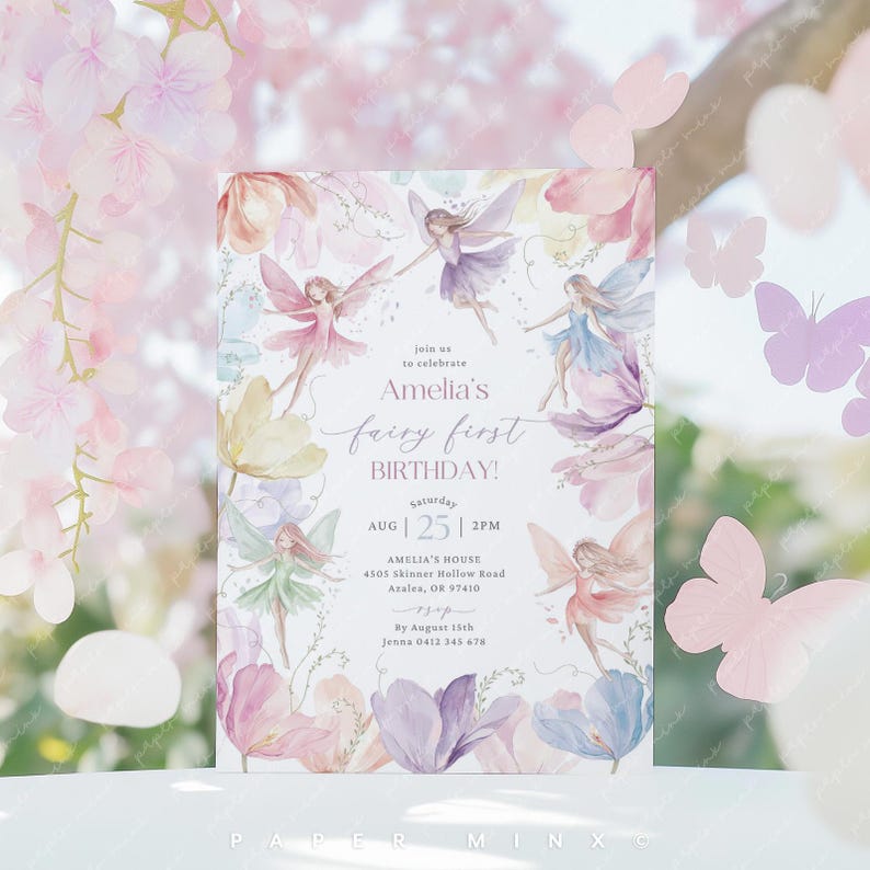 May include: A watercolor invitation with a fairy theme. The invitation features a floral background with fairies flying around. The text reads "Join us to celebrate Amelia's fairy first birthday! Saturday, August 25th, 2 PM. Amelia's House, 4505 Skinner Hollow Road, Azales, OR 97410. By August 15th, Jenna 0412 345 678."