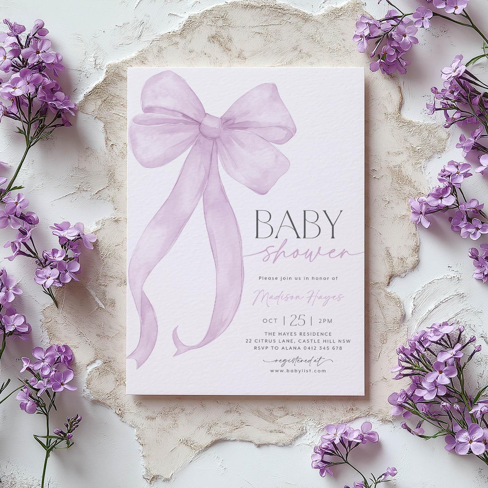 Purple Bow Baby Shower Invitation Template Printable, Baby Girl, Purple Baby Shower Invite, Baby Shower Invitation Girl Coquette Bow