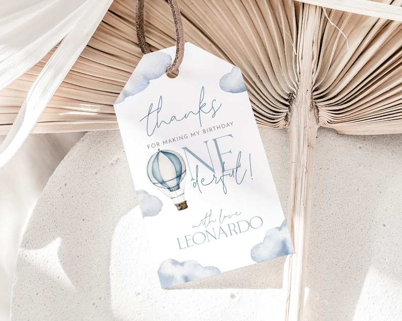 May include: Blue and white hot air balloon thank you tag with the text "Thanks for making my birthday one derful!" with love Leonardo.
