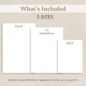 May include: Three different sizes of printable art prints are shown. The sizes are 24x36 inches, A1 (594x841 mm), and 18x24 inches. The text 'A' sizes can be printed at smaller 'A' sizes (A2, A3, A4 etc.) is also shown.