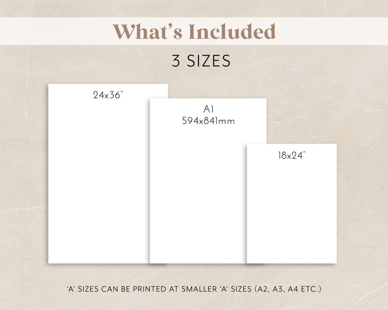 May include: Three different sizes of printable art prints are shown. The sizes are 24x36 inches, A1 (594x841 mm), and 18x24 inches. The text 'A' sizes can be printed at smaller 'A' sizes (A2, A3, A4 etc.) is also shown.