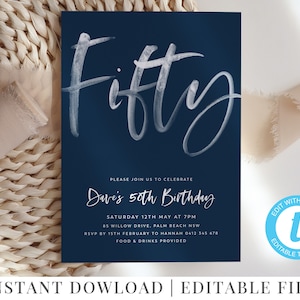 50th Birthday Invitation, Party Invitation Template, Navy Editable Template, 50, Fifty, 50th Birthday Invite, Navy Invitation, Navy White