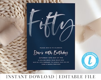 50th Birthday Invitation, Party Invitation Template, Navy Editable Template, 50, Fifty, 50th Birthday Invite, Navy Invitation, Navy White
