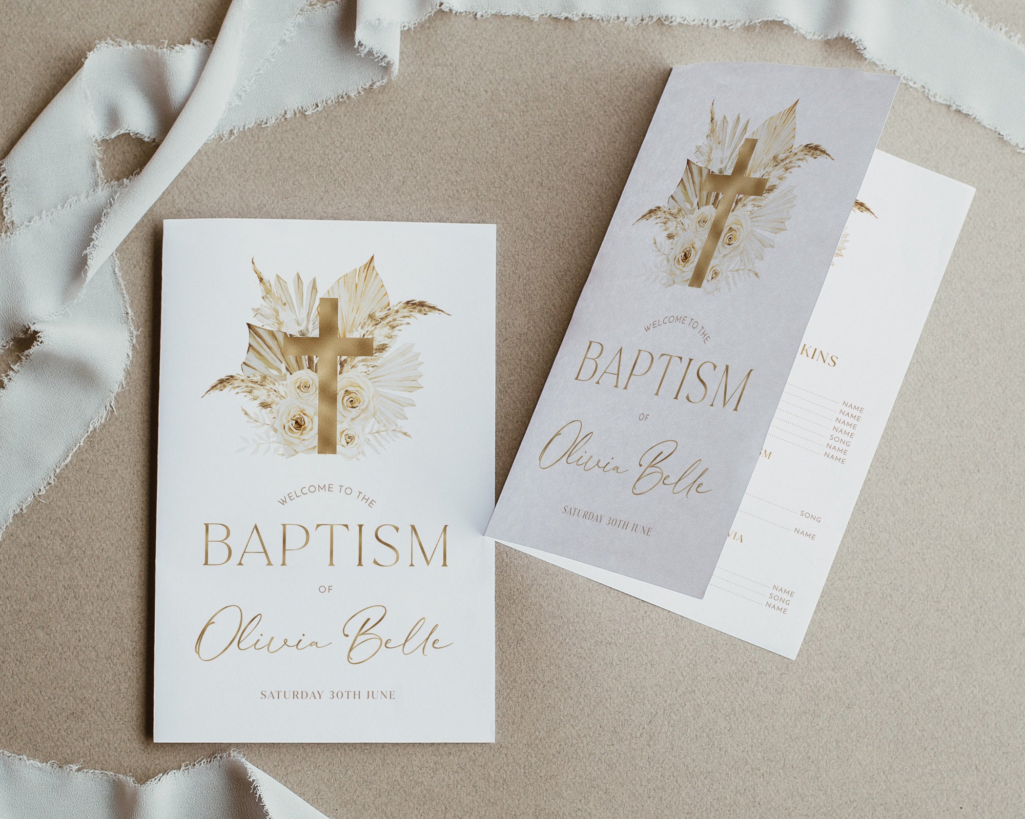 Baptism Programs, Printable Christening Program Template, Printable Boho Gold Baptism Program, Neutral and Gold Baptism, Order of Events