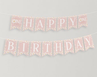 May include: Pink and white banner with the words "Happy Birthday" and "One" with a daisy pattern.