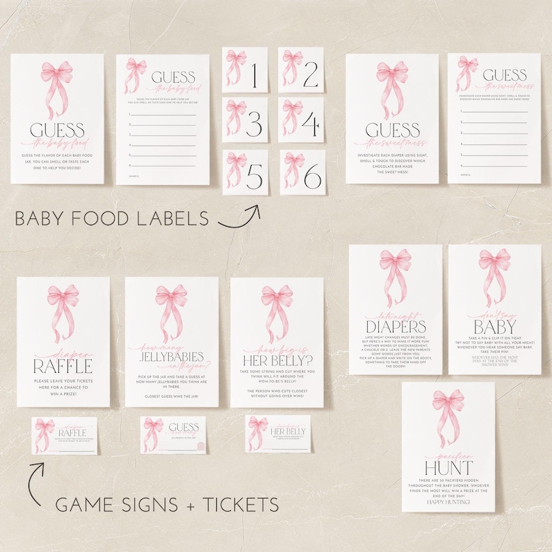 K&ouml;nnte beinhalten: Rosa und wei&szlig;e Babyparty-Spiele mit rosa Schleifen und Text, der "Errate das Babynahrung", "Windel-Tombola", "Wie gro&szlig; ist ihr Bauch?", "Errate, wie viele Gummib&auml;rchen", "Windeln", "Baby", "Kacka-Jagd" lautet.