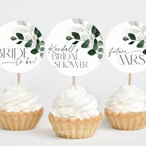 Greenery Cupcake Toppers, Bridal Shower Cupcake Toppers, Printable Green Cupcake Topper, Editable Cupcake, Greenery Bridal Decor Eucalyptus