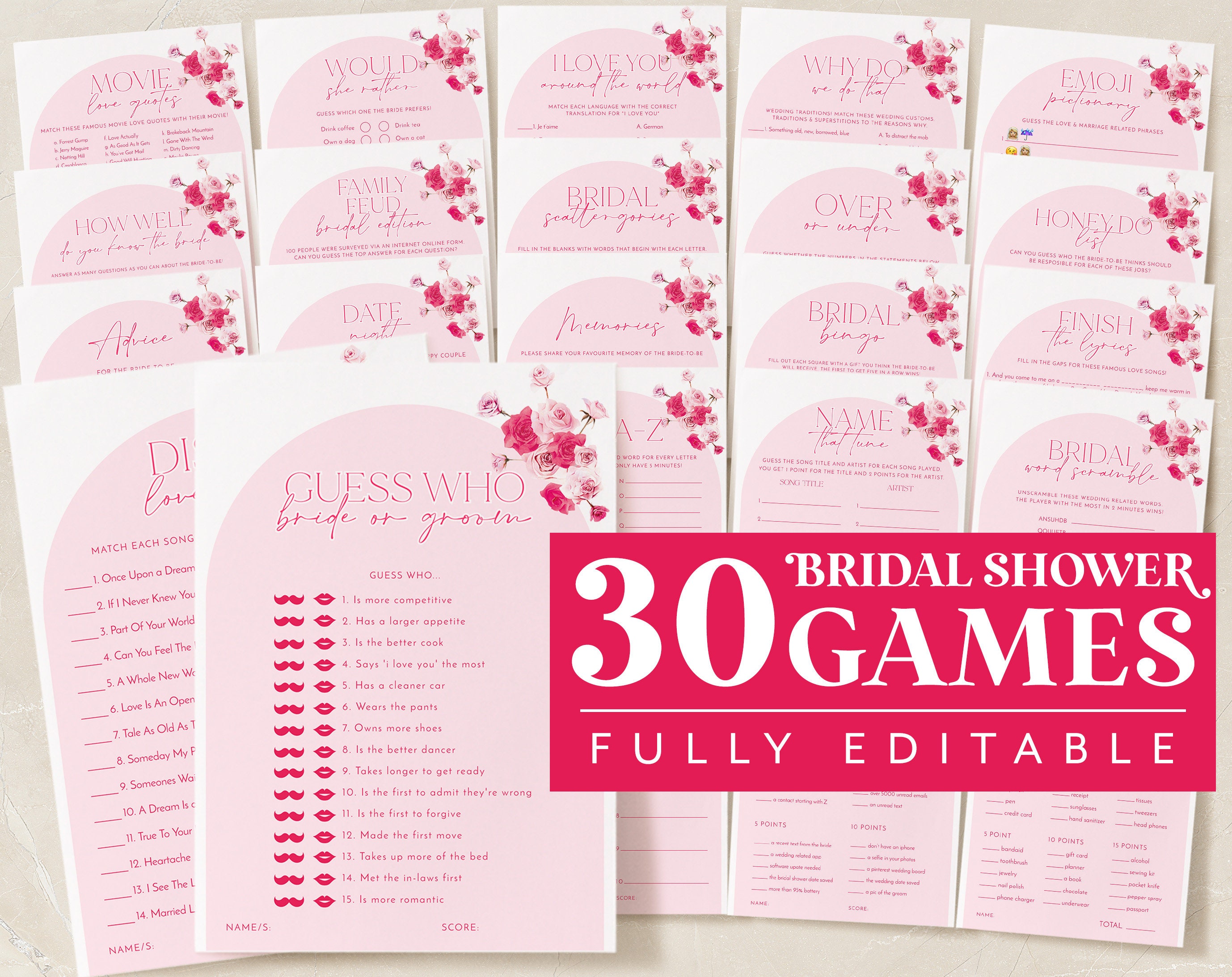 Pink Floral Bridal Shower Games Hot Pink Floral Bridal Games Etsy UK