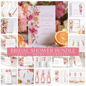 Main Squeeze Bridal Shower Bundle, Citrus Bridal Shower Invitation Bundle Editable Games, Printable Citrus Bridal Bundle Floral Pink Oranges
