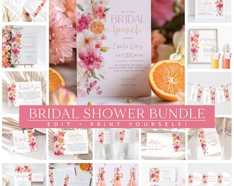 Main Squeeze Bridal Shower Bundle, Citrus Bridal Shower Invitation Bundle Editable Games, Printable Citrus Bridal Bundle Floral Pink Oranges